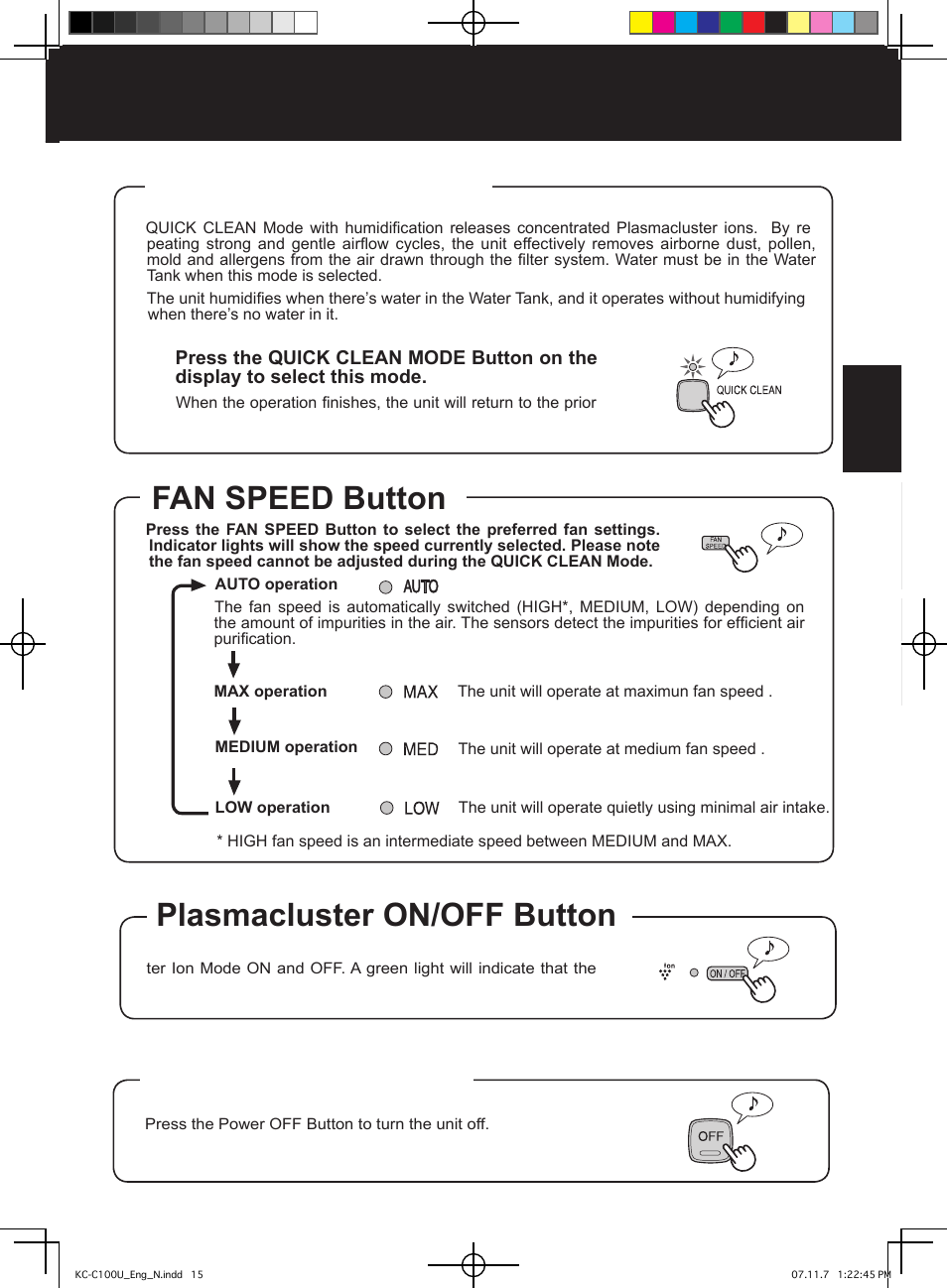Quick clean mode, Fan speed button, Plasmacluster on/off button | Power off button | Sharp KC-C100U User Manual | Page 15 / 64