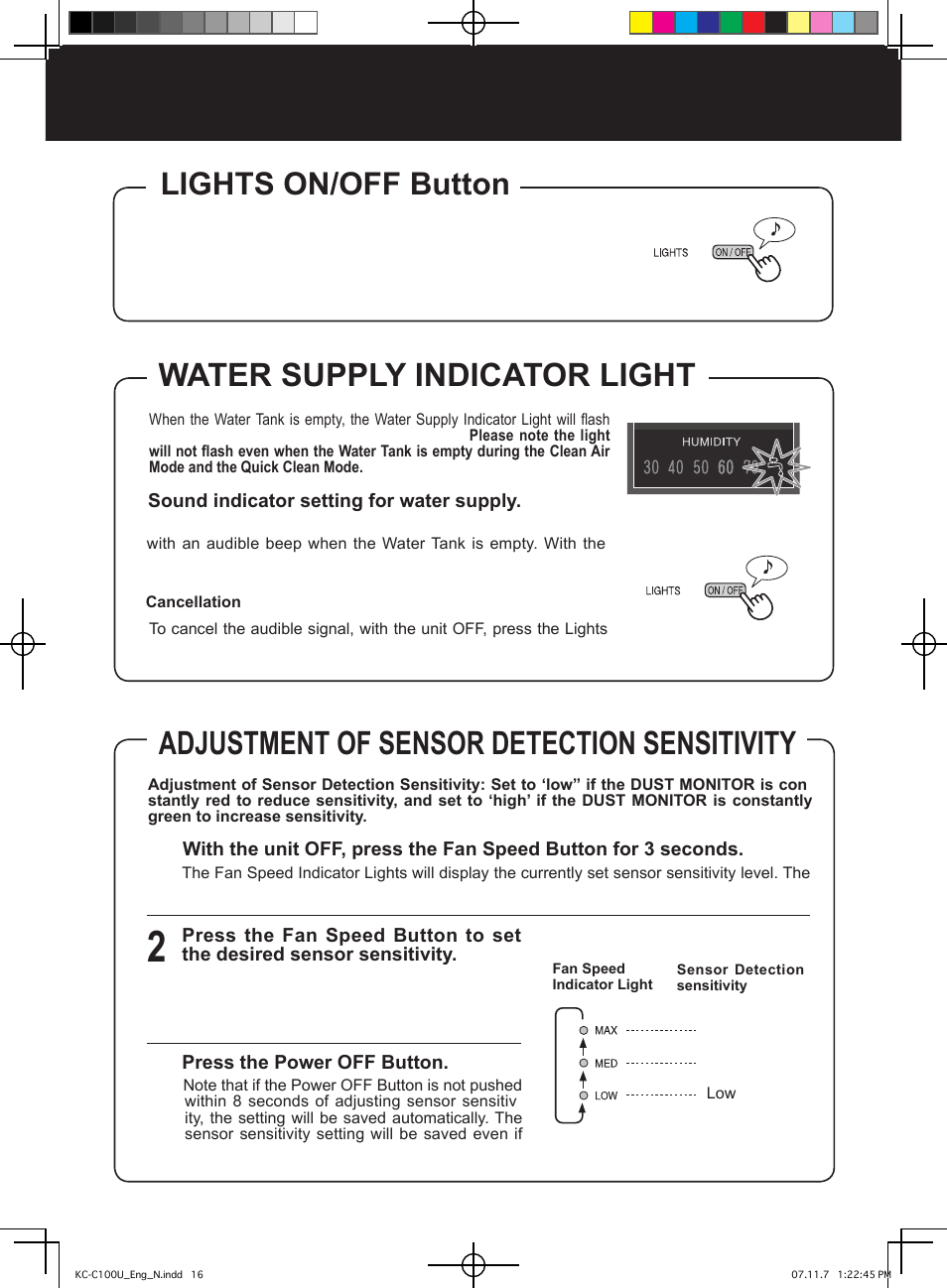 Operation, Water supply indicator light, Adjustment of sensor detection sensitivity | Lights on/off button | Sharp KC-C100U User Manual | Page 16 / 64