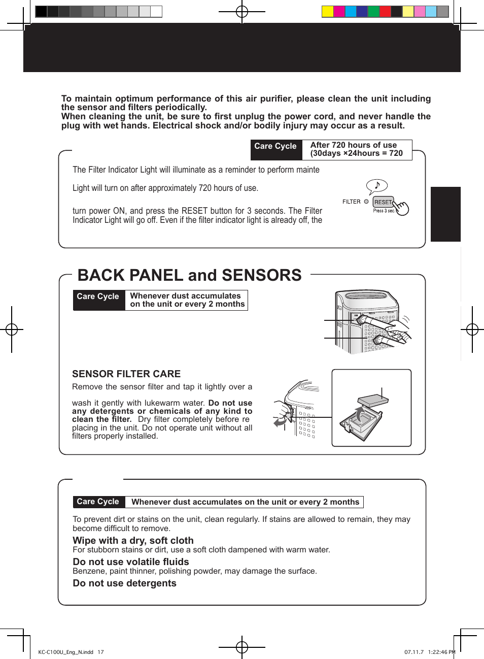 Care and maintenance, Unit, Back panel and sensors | Filter indicator light | Sharp KC-C100U User Manual | Page 17 / 64