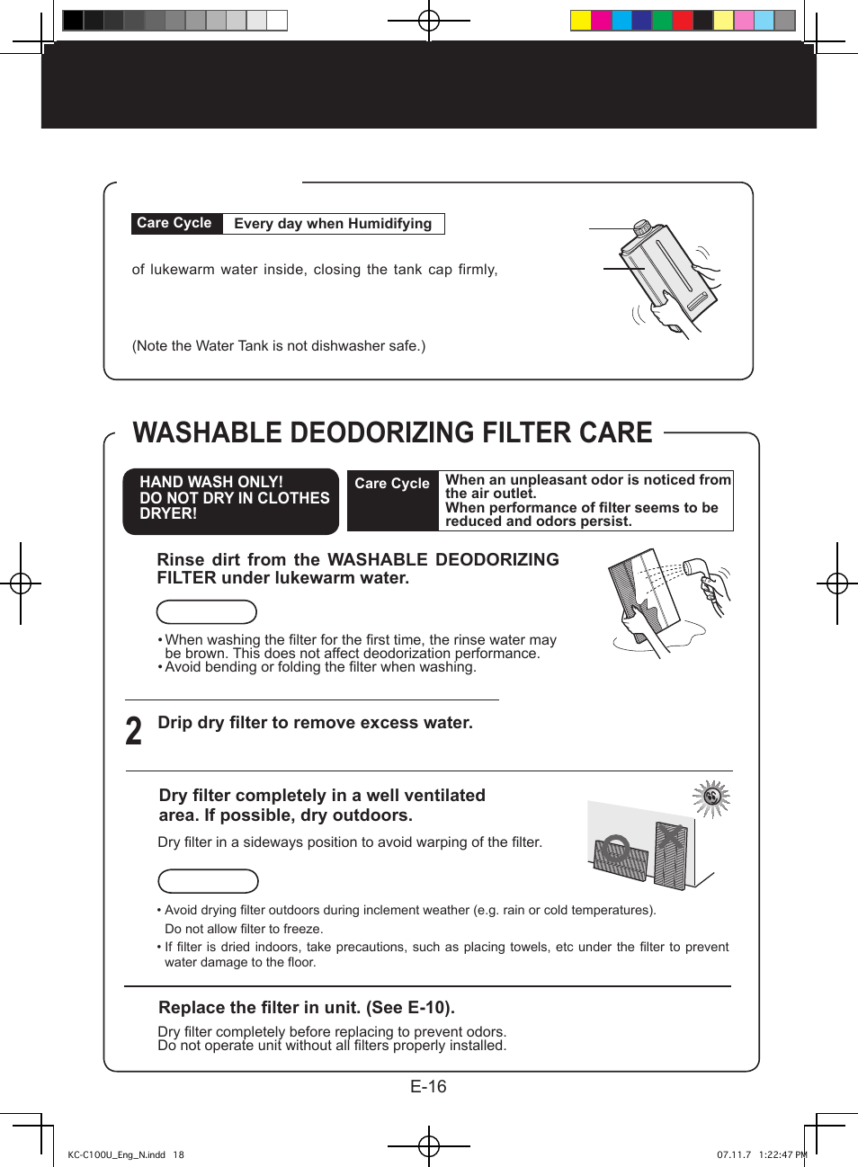 Care and maintenance, Water tank, Washable deodorizing filter care | Sharp KC-C100U User Manual | Page 18 / 64