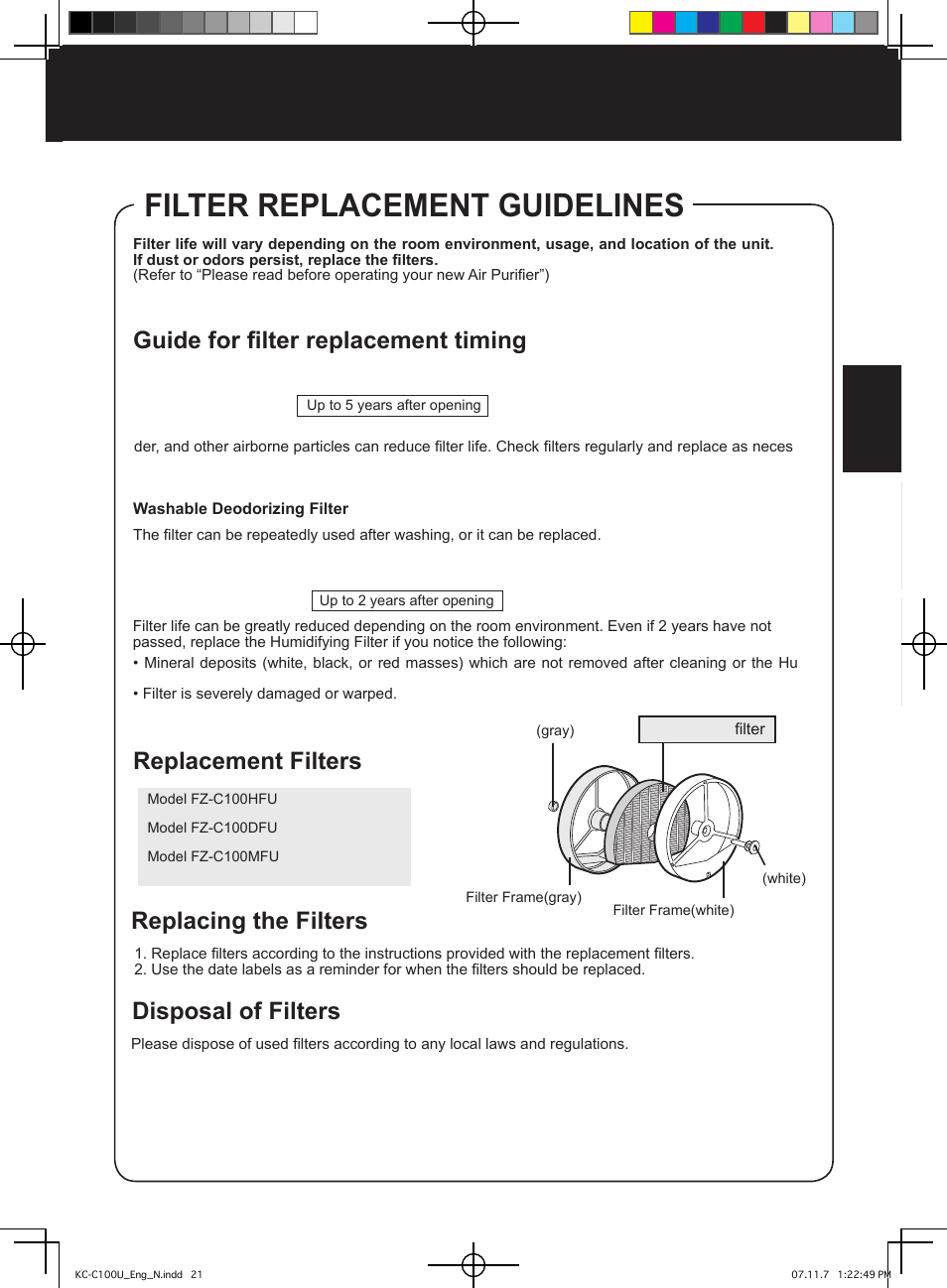 Filter replacement guidelines, Guide for filter replacement timing, Replacement filters | Disposal of filters replacing the filters | Sharp KC-C100U User Manual | Page 21 / 64