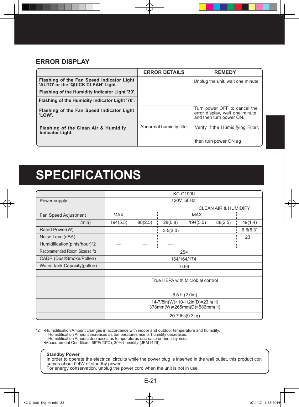 Specifications, Error display, E-21 | Sharp KC-C100U User Manual | Page 23 / 64