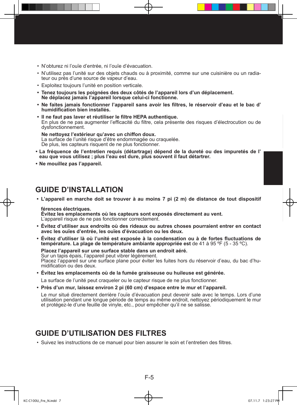 Précautions concernant le fonctionnement, Guide d’installation, Guide d’utilisation des filtres | Sharp KC-C100U User Manual | Page 29 / 64