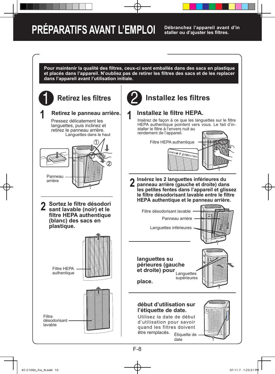 Préparatifs avant l’emploi 2 1, Installation des filtres, Installez les filtres | Retirez les filtres | Sharp KC-C100U User Manual | Page 32 / 64