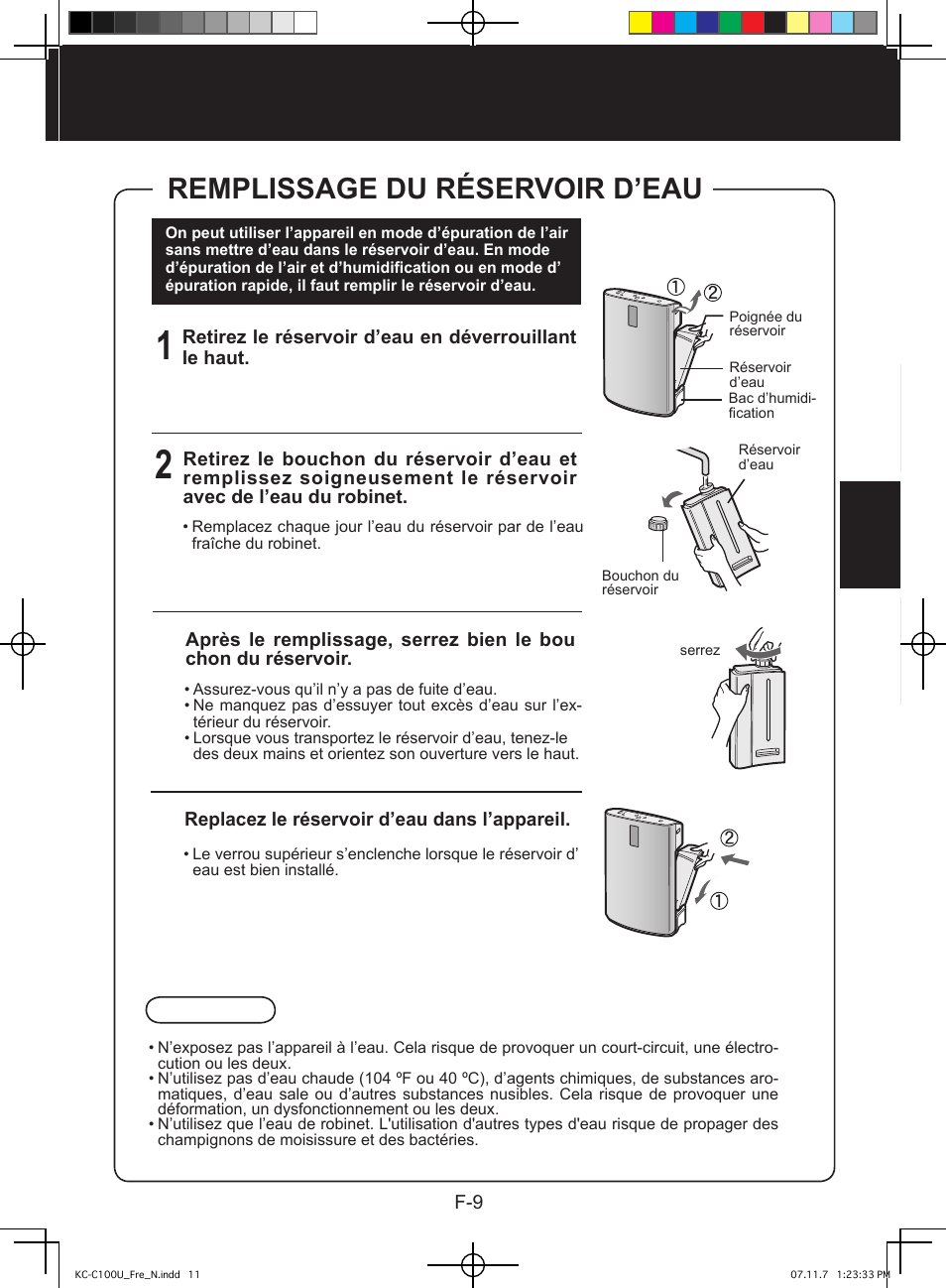 Remplissage du réservoir d’eau | Sharp KC-C100U User Manual | Page 33 / 64