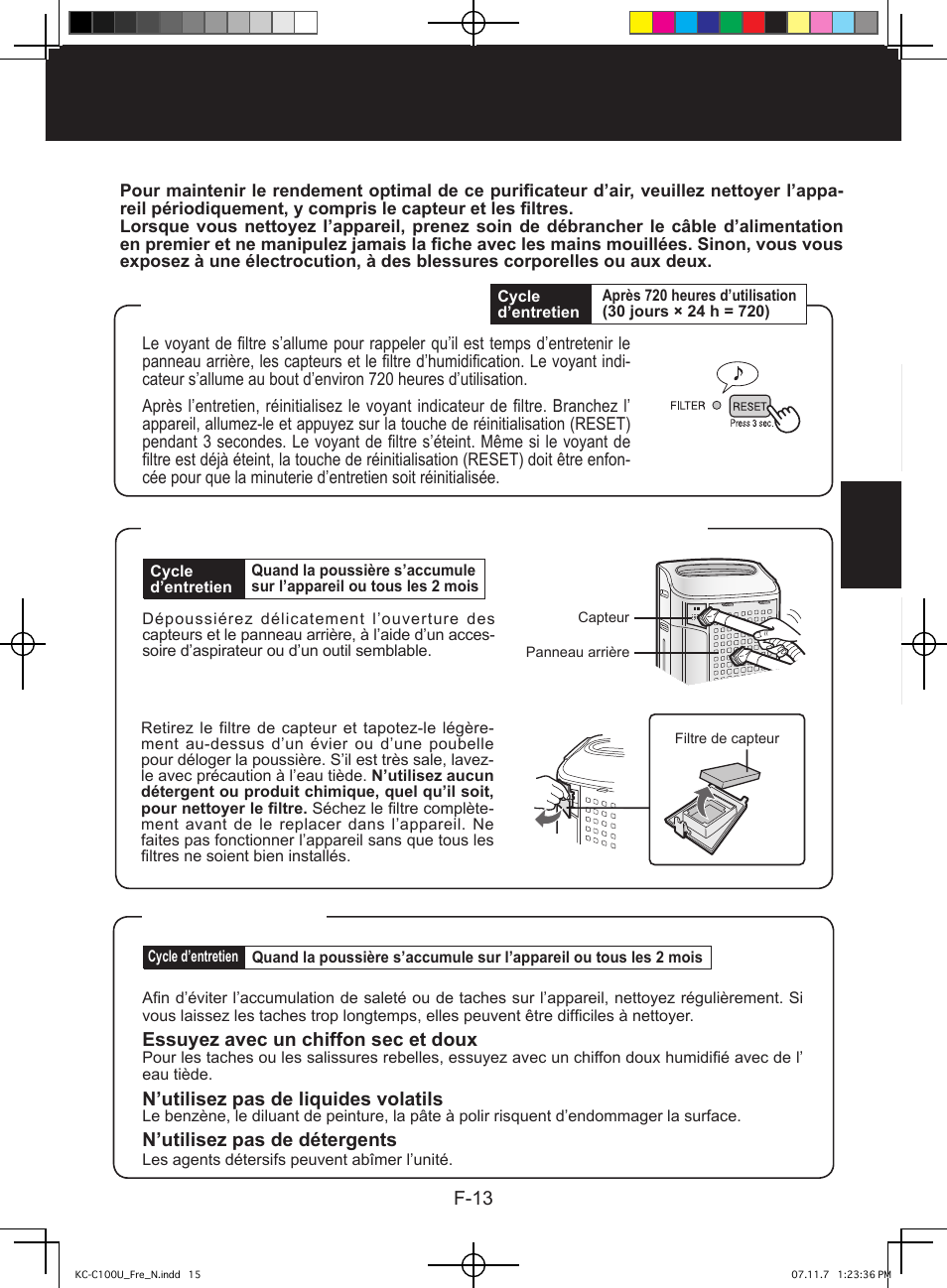 Soin et entretien, Appareil, Voyant de filtre | Panneau arrière et capteurs | Sharp KC-C100U User Manual | Page 37 / 64