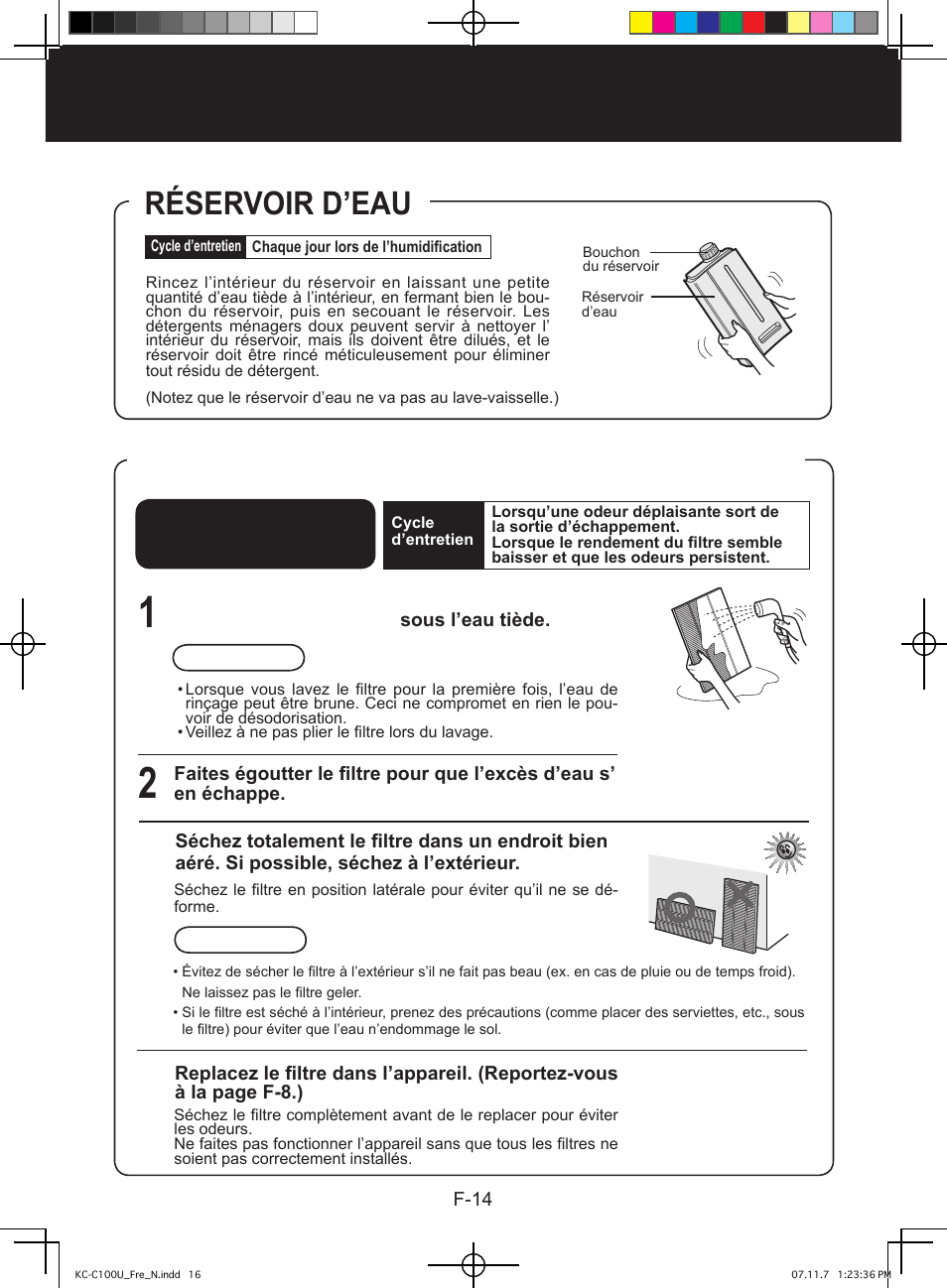Soin et entretien, Réservoir d’eau, Entretien du filtre désodorisant lavable | Sharp KC-C100U User Manual | Page 38 / 64