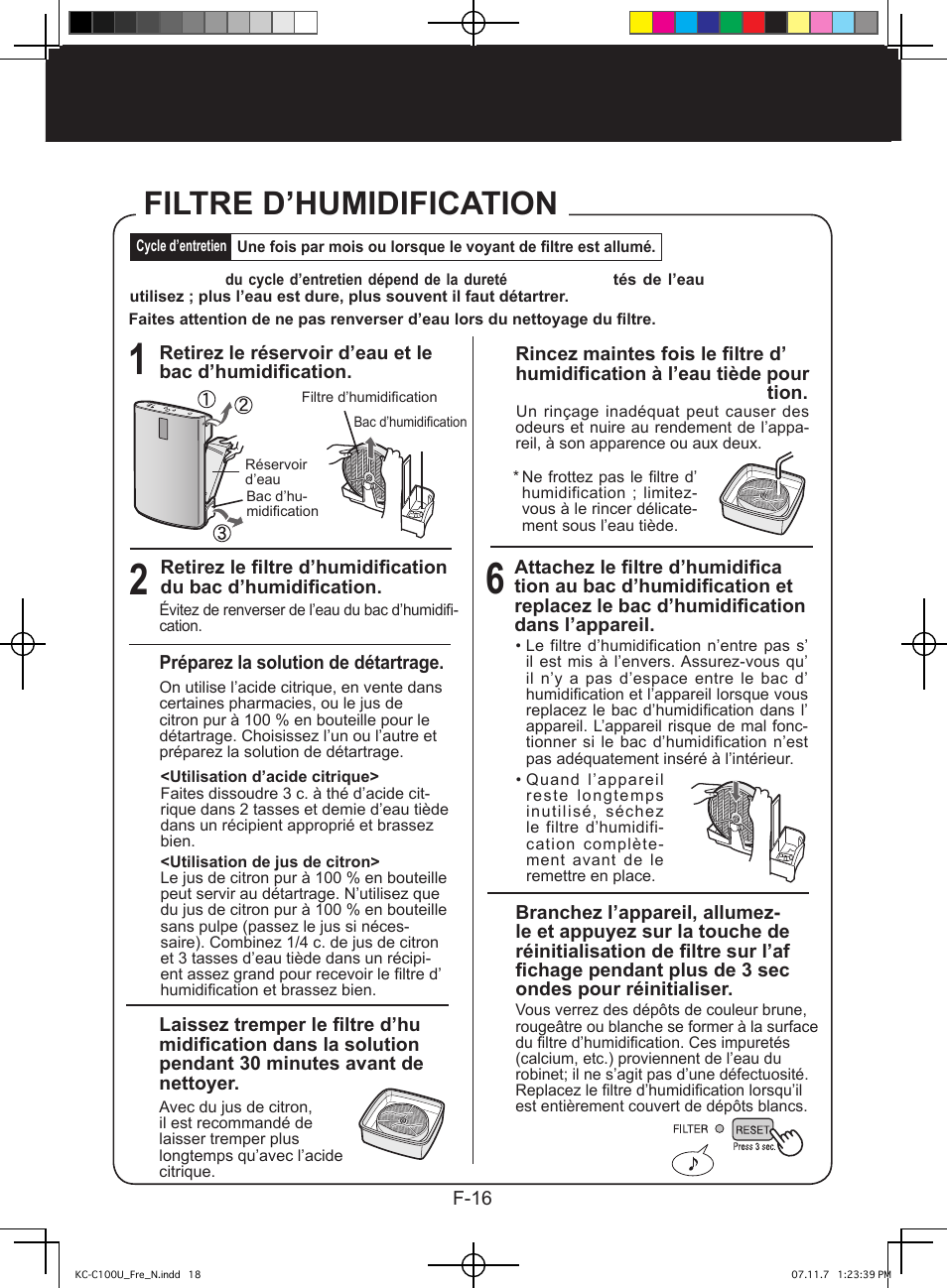 Soin et entretien, Filtre d’humidification | Sharp KC-C100U User Manual | Page 40 / 64