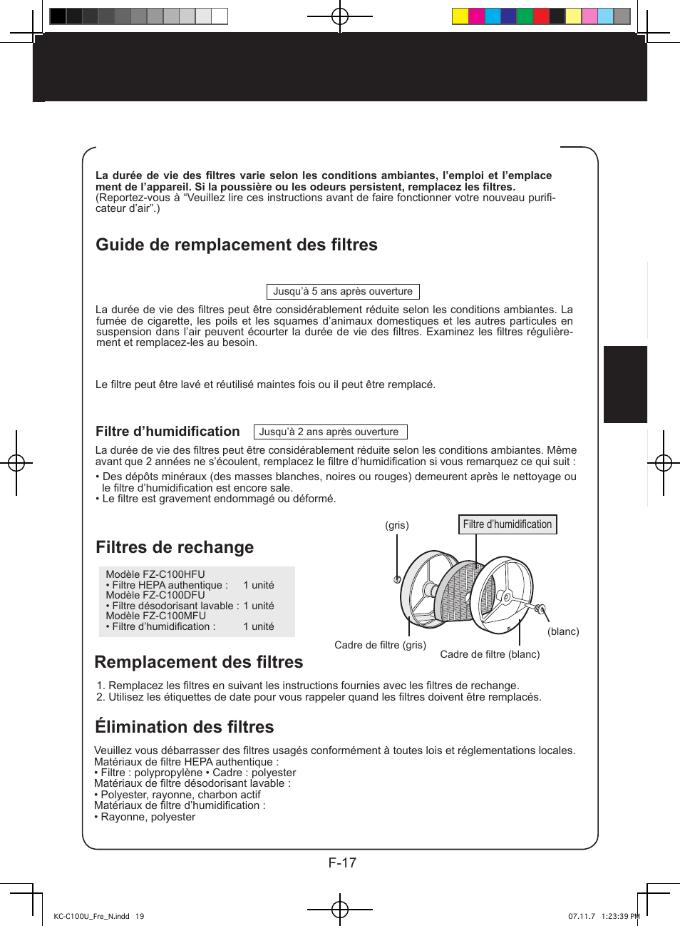 Guide de remplacement des filtres, Filtres de rechange, Élimination des filtres remplacement des filtres | Sharp KC-C100U User Manual | Page 41 / 64