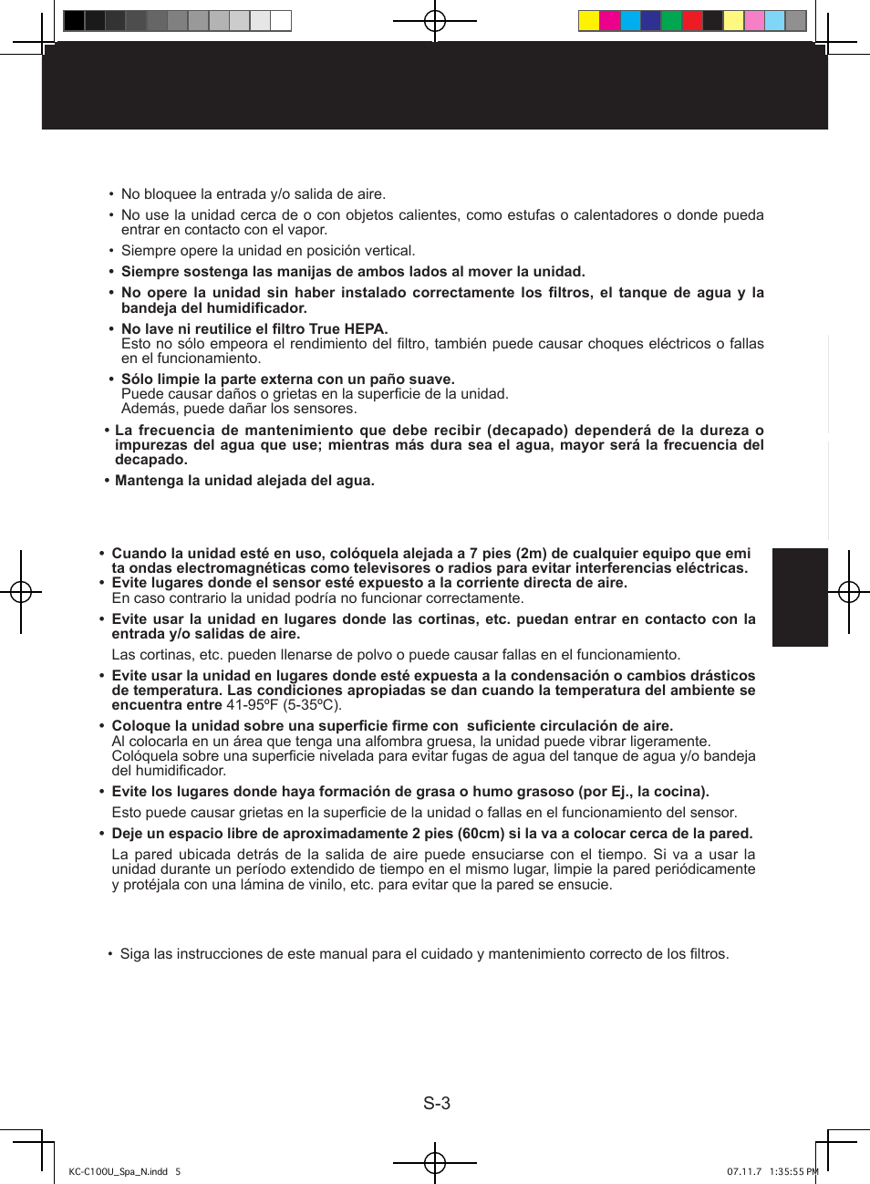 Pautas para el filtro, Precauciones relacionadas con la operación, Pautas para la instalación | Sharp KC-C100U User Manual | Page 47 / 64