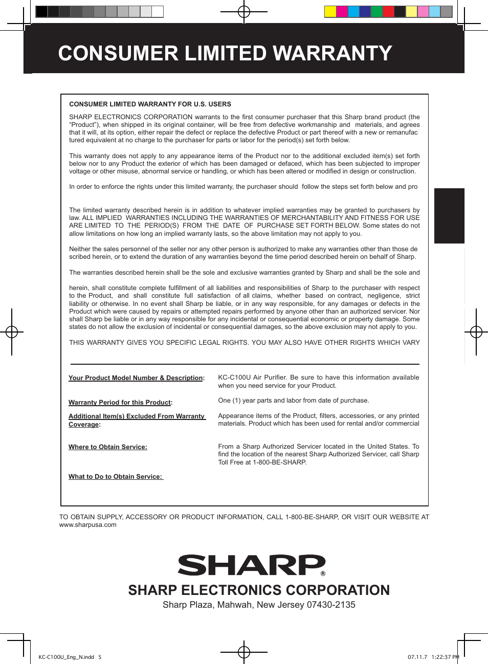 For customer assistance, Consumer limited warranty, The united states) | Sharp electronics corporation | Sharp KC-C100U User Manual | Page 5 / 64