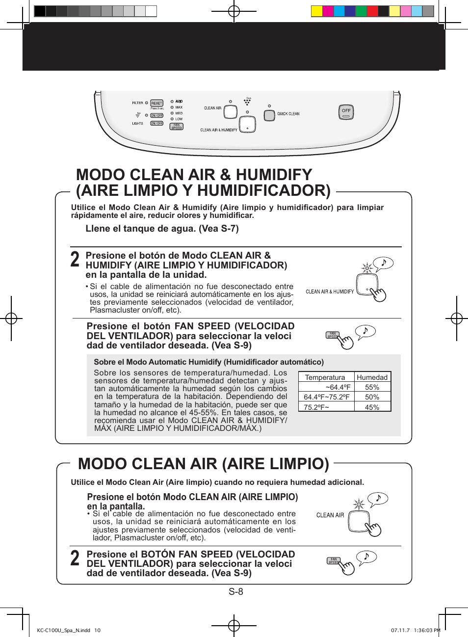Modo clean air (aire limpio), Operación | Sharp KC-C100U User Manual | Page 52 / 64