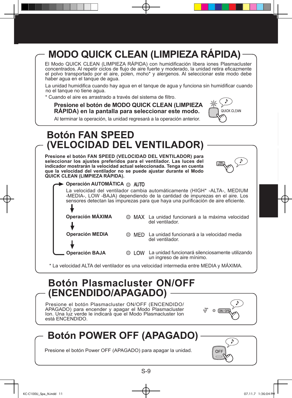 Modo quick clean (limpieza rápida), Botón fan speed (velocidad del ventilador), Botón plasmacluster on/off (encendido/apagado) | Botón power off (apagado) | Sharp KC-C100U User Manual | Page 53 / 64