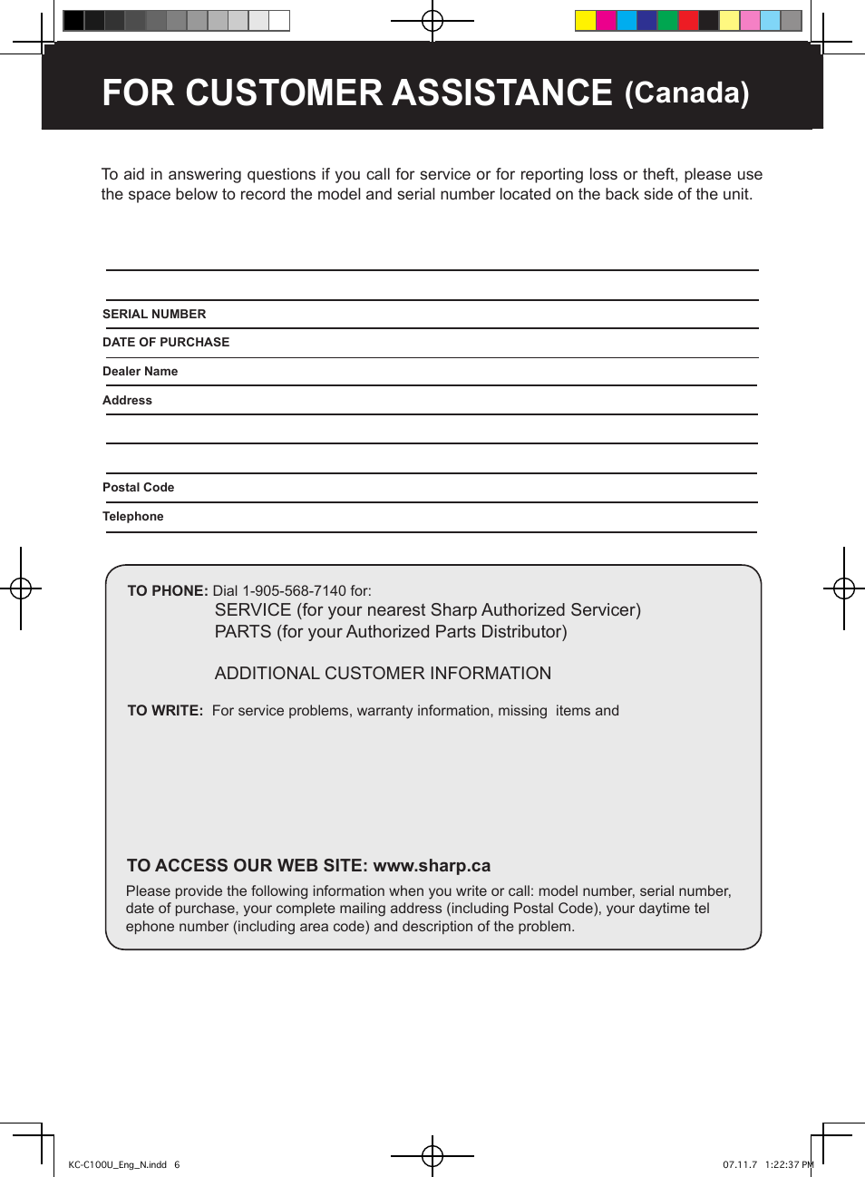 For customer assistance, Canada) | Sharp KC-C100U User Manual | Page 6 / 64
