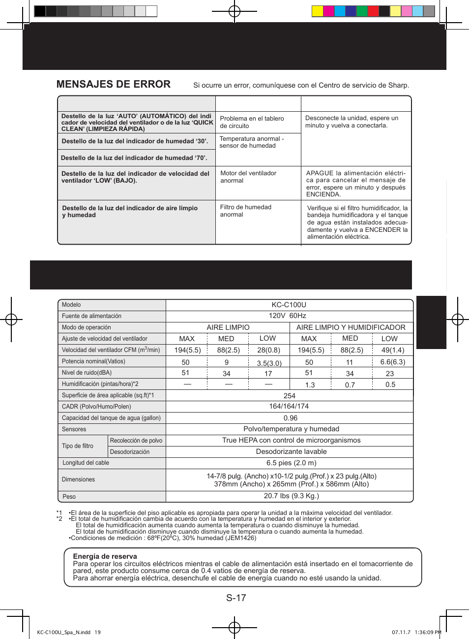 Especificaciones, Mensajes de error, S-17 | Sharp KC-C100U User Manual | Page 61 / 64