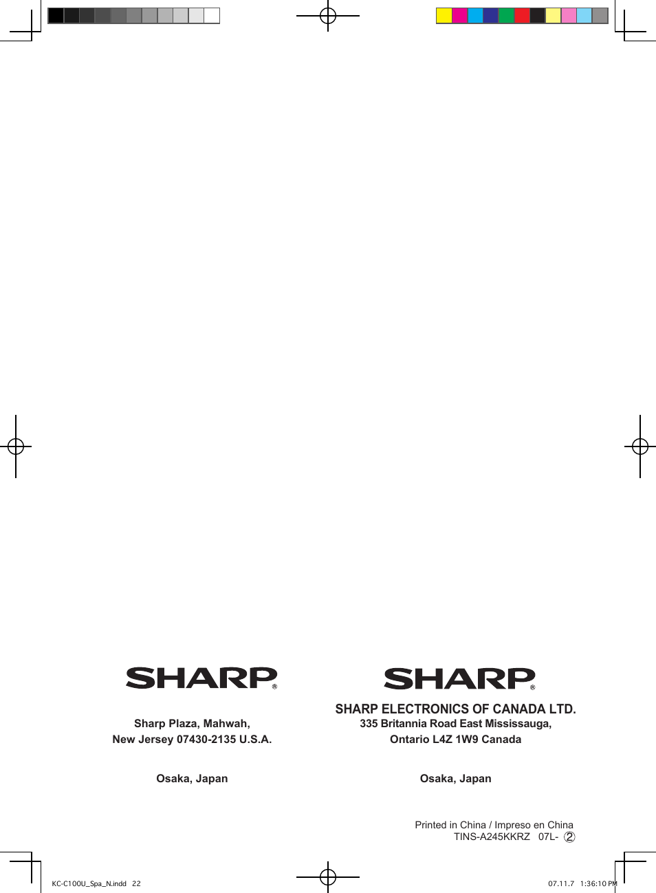 Sharp electronics of canada ltd, Sharp electronics corporation | Sharp KC-C100U User Manual | Page 64 / 64