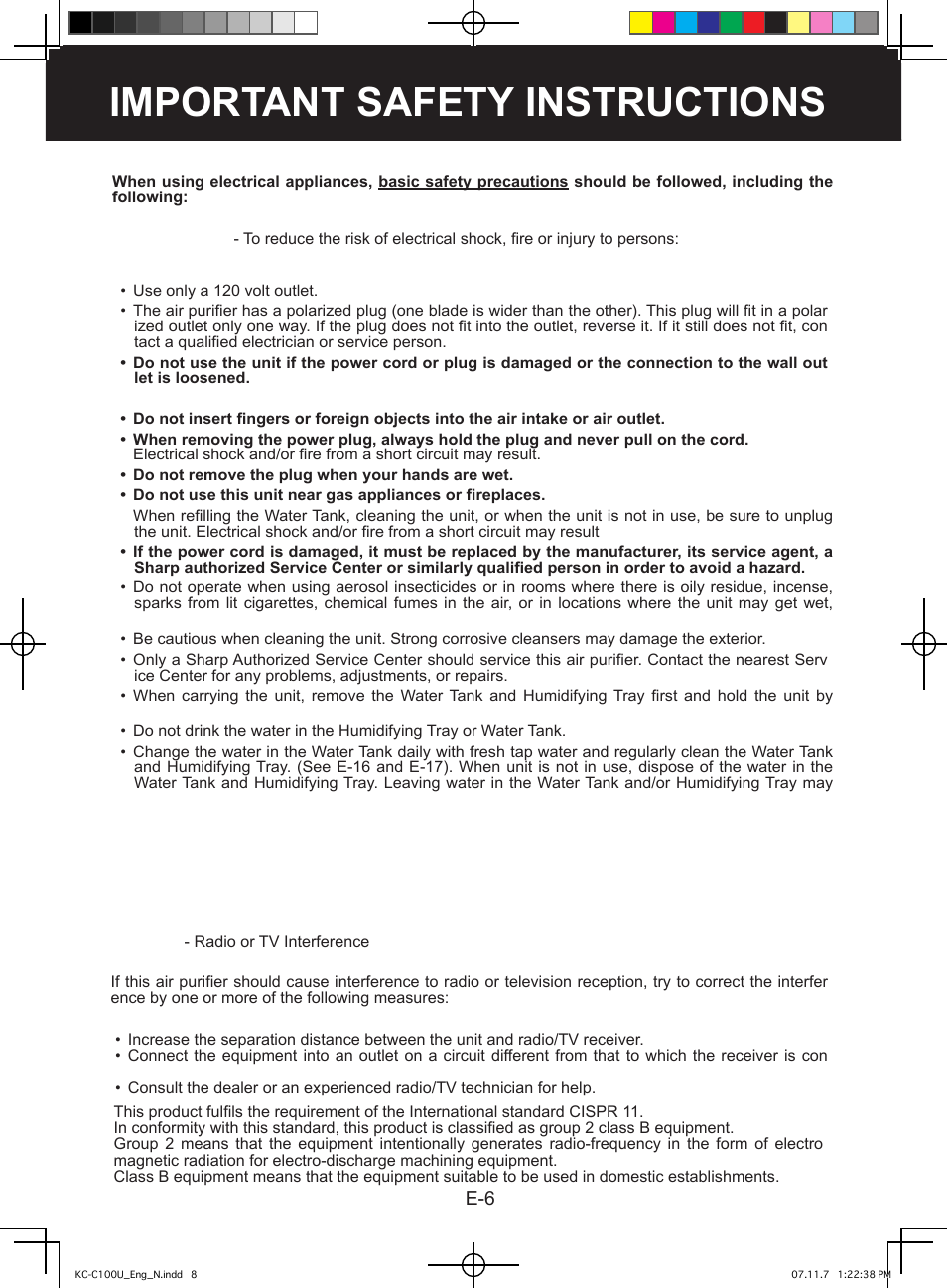 Important safety instructions, Warning | Sharp KC-C100U User Manual | Page 8 / 64