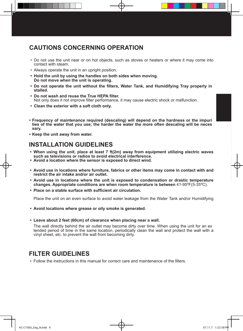 Filter guidelines, Cautions concerning operation, Installation guidelines | Sharp KC-C100U User Manual | Page 9 / 64