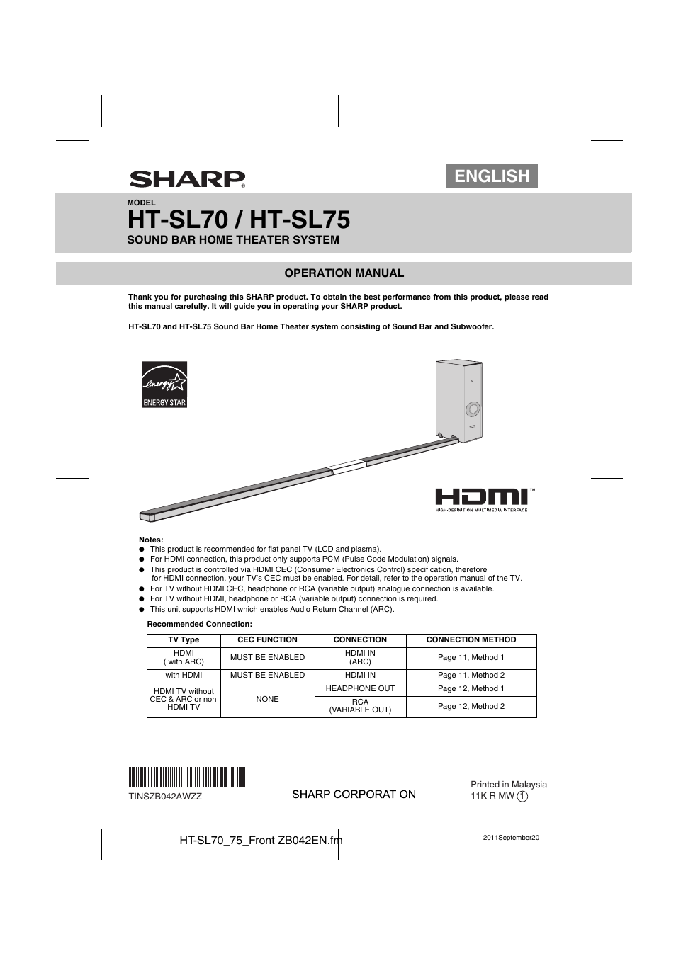 Sharp HT-SL75 User Manual | 16 pages