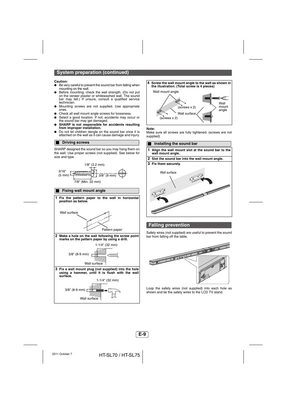 Driving screws, Fixing wall mount angle, Installing the sound bar | Falling prevention | Sharp HT-SL75 User Manual | Page 10 / 16