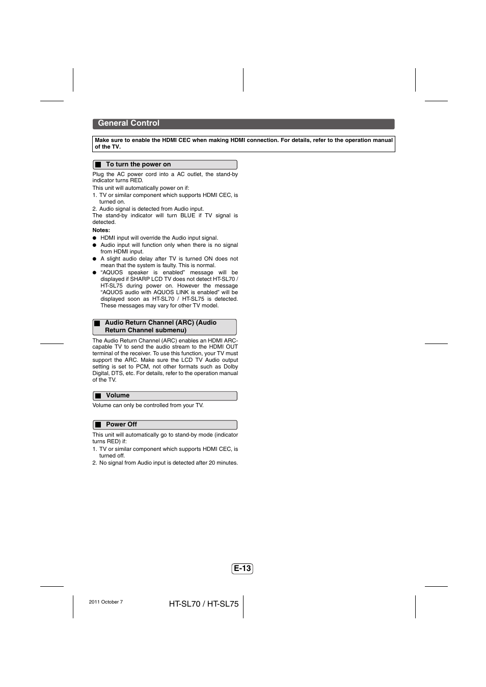 General control, To turn the power on, Volume | Power off | Sharp HT-SL75 User Manual | Page 14 / 16