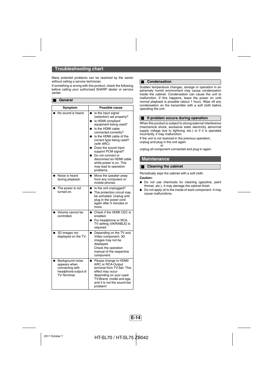 Troubleshooting chart, General, Condensation | If problem occurs during operation, Maintenance, Cleaning the cabinet, E-14 | Sharp HT-SL75 User Manual | Page 15 / 16