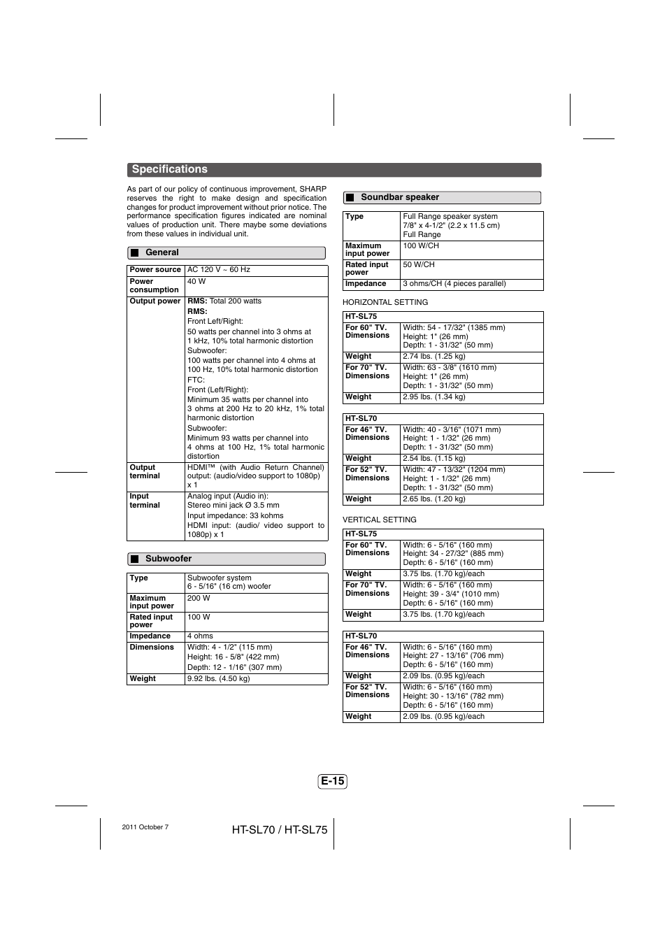 Specifications, General, Subwoofer | Soundbar speaker | Sharp HT-SL75 User Manual | Page 16 / 16