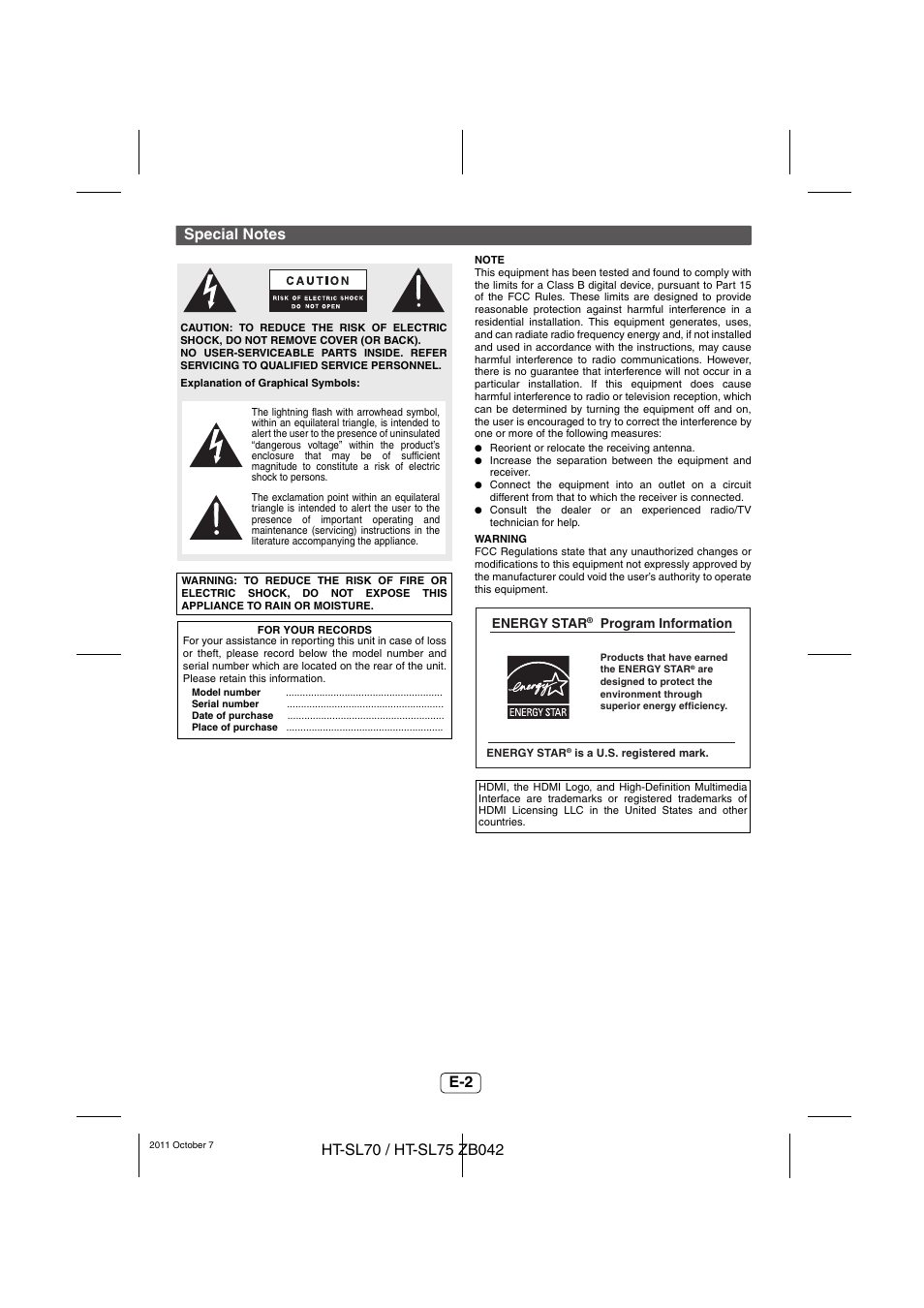 Special notes | Sharp HT-SL75 User Manual | Page 3 / 16