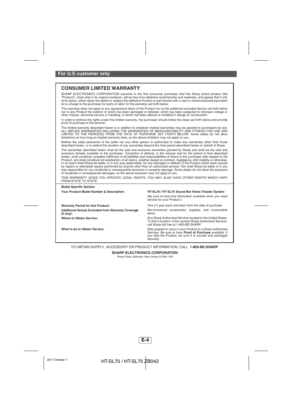 For u.s customer only | Sharp HT-SL75 User Manual | Page 5 / 16