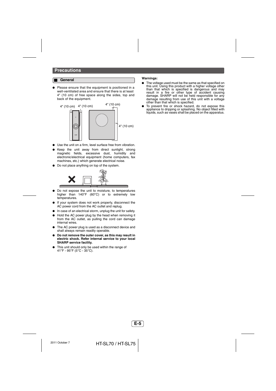 Precautions, General | Sharp HT-SL75 User Manual | Page 6 / 16