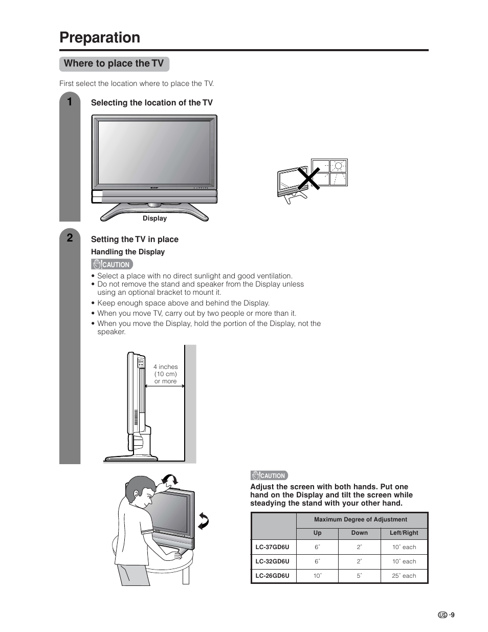 Preparation, Where to place the tv | Sharp Aquos LC 32GD6U User Manual | Page 10 / 104
