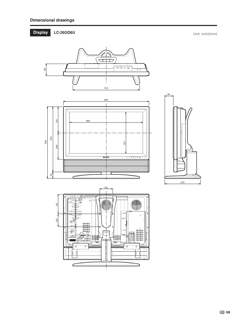 Dimensional drawings, Display, Lc-26gd6u | Sharp Aquos LC 32GD6U User Manual | Page 100 / 104