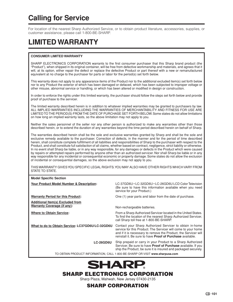 Calling for service, Limited warranty, Sharp electronics corporation | Sharp corporation | Sharp Aquos LC 32GD6U User Manual | Page 102 / 104