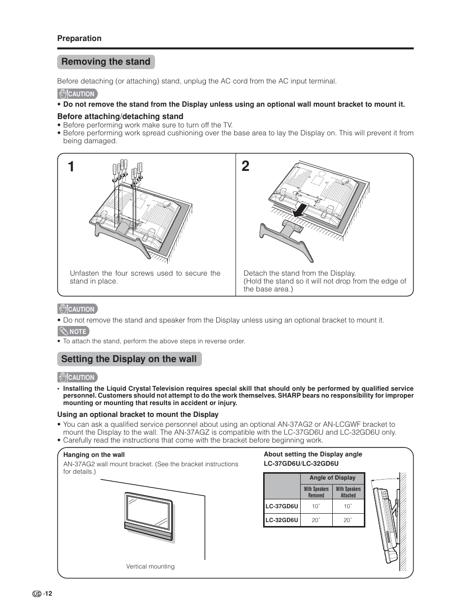 Removing the stand, Setting the display on the wall | Sharp Aquos LC 32GD6U User Manual | Page 13 / 104