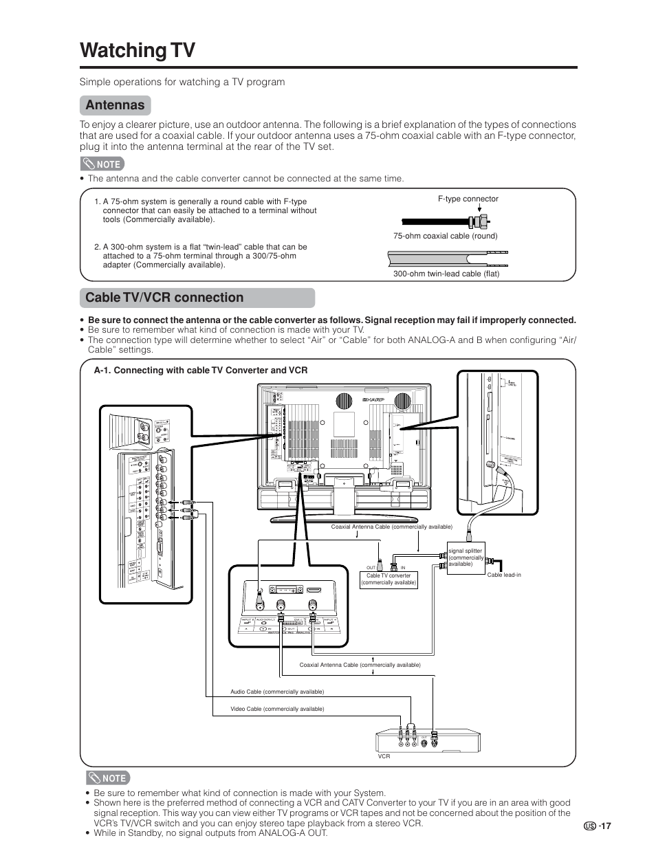 Watching tv, Antennas, Cable tv/vcr connection | Sharp Aquos LC 32GD6U User Manual | Page 18 / 104