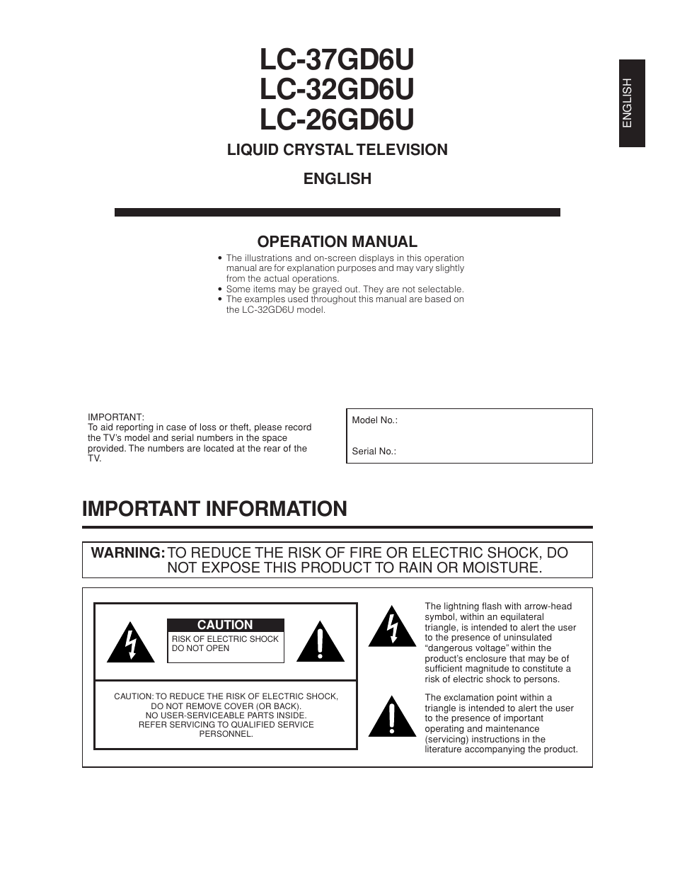 Important information, Liquid crystal television english operation manual | Sharp Aquos LC 32GD6U User Manual | Page 2 / 104