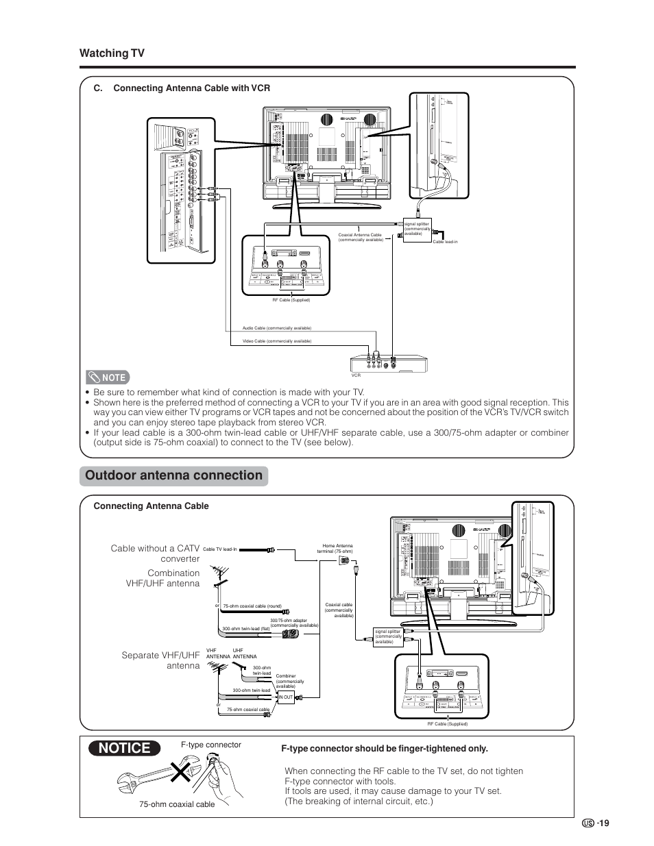 Notice, Outdoor antenna connection, Watching tv | Sharp Aquos LC 32GD6U User Manual | Page 20 / 104