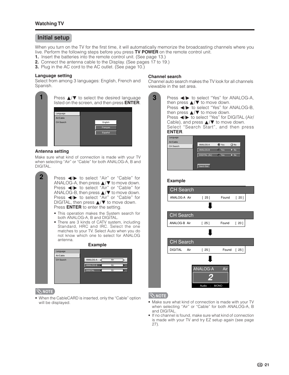 Initial setup, Watching tv, Ch search | Sharp Aquos LC 32GD6U User Manual | Page 22 / 104