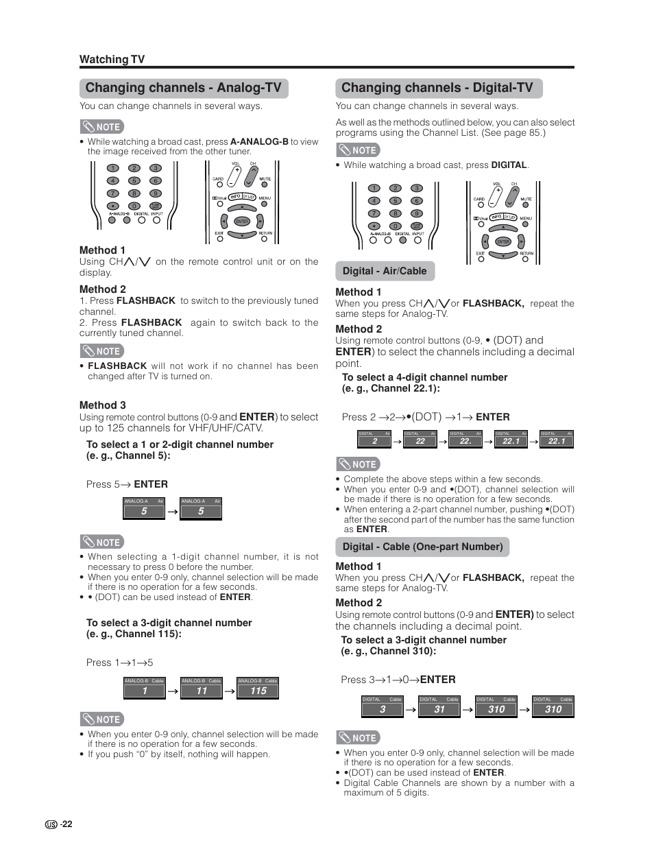 Changing channels - analog-tv, Changing channels - digital-tv, Watching tv | S•(dot) s1s, S1s0s | Sharp Aquos LC 32GD6U User Manual | Page 23 / 104
