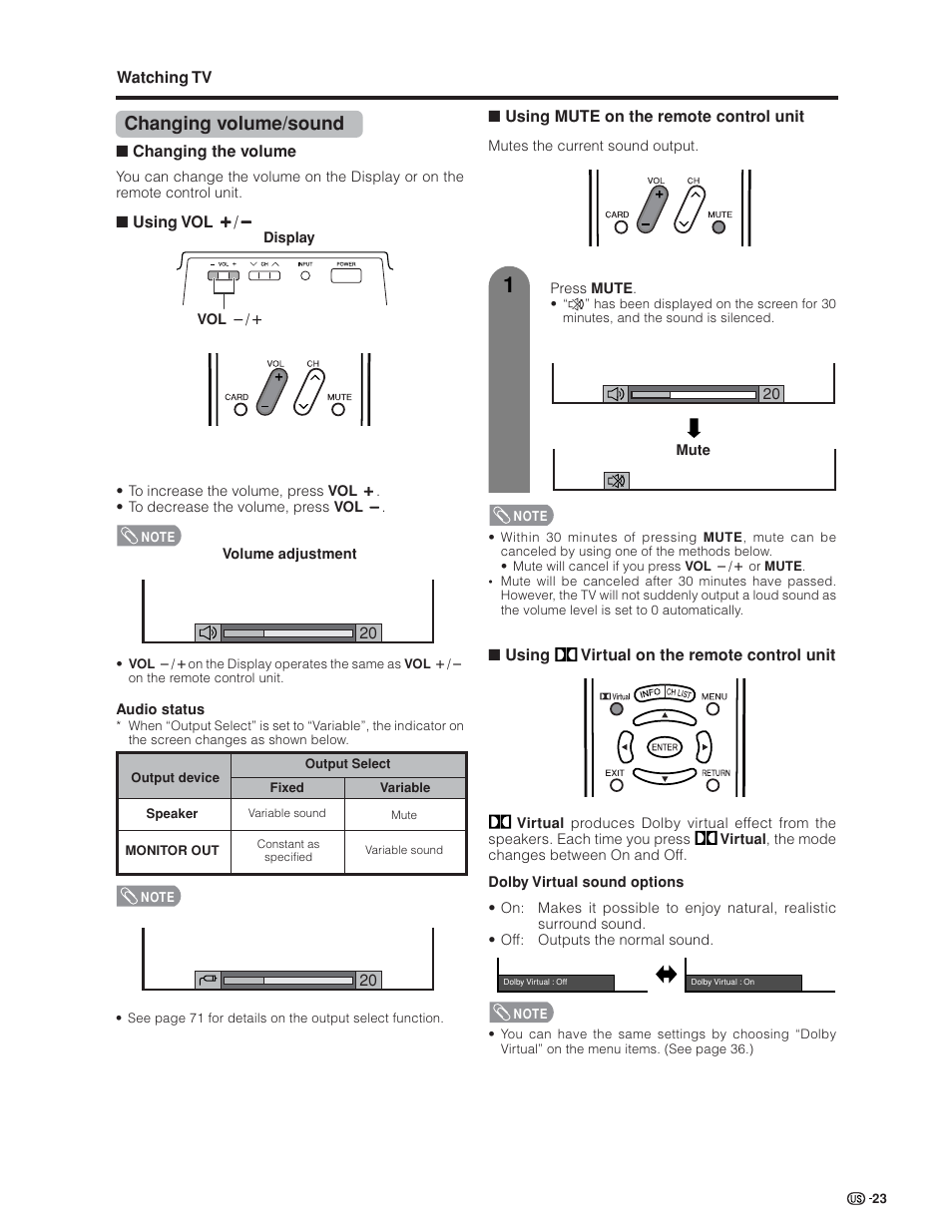 Changing volume/sound | Sharp Aquos LC 32GD6U User Manual | Page 24 / 104