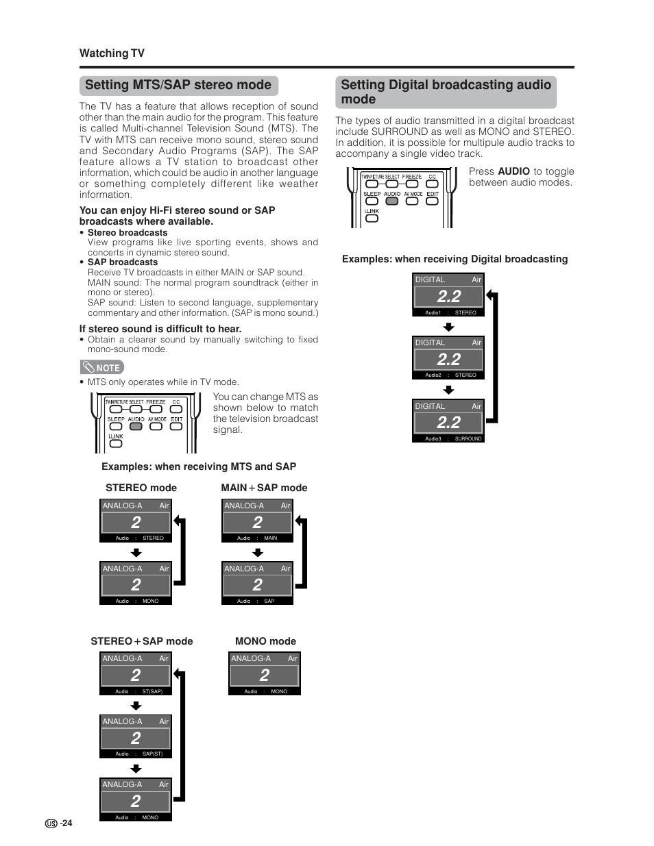 Setting mts/sap stereo mode, Setting digital broadcasting audio mode, Watching tv | Sharp Aquos LC 32GD6U User Manual | Page 25 / 104