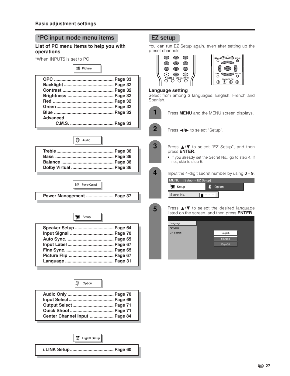 Ez setup, Pc input mode menu items | Sharp Aquos LC 32GD6U User Manual | Page 28 / 104