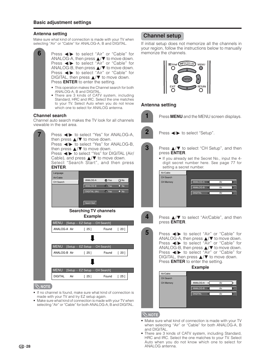 Channel setup, Basic adjustment settings, Antenna setting | Channel search | Sharp Aquos LC 32GD6U User Manual | Page 29 / 104