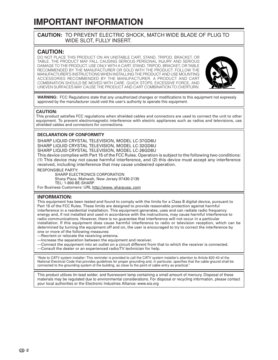 Important information, Caution | Sharp Aquos LC 32GD6U User Manual | Page 3 / 104