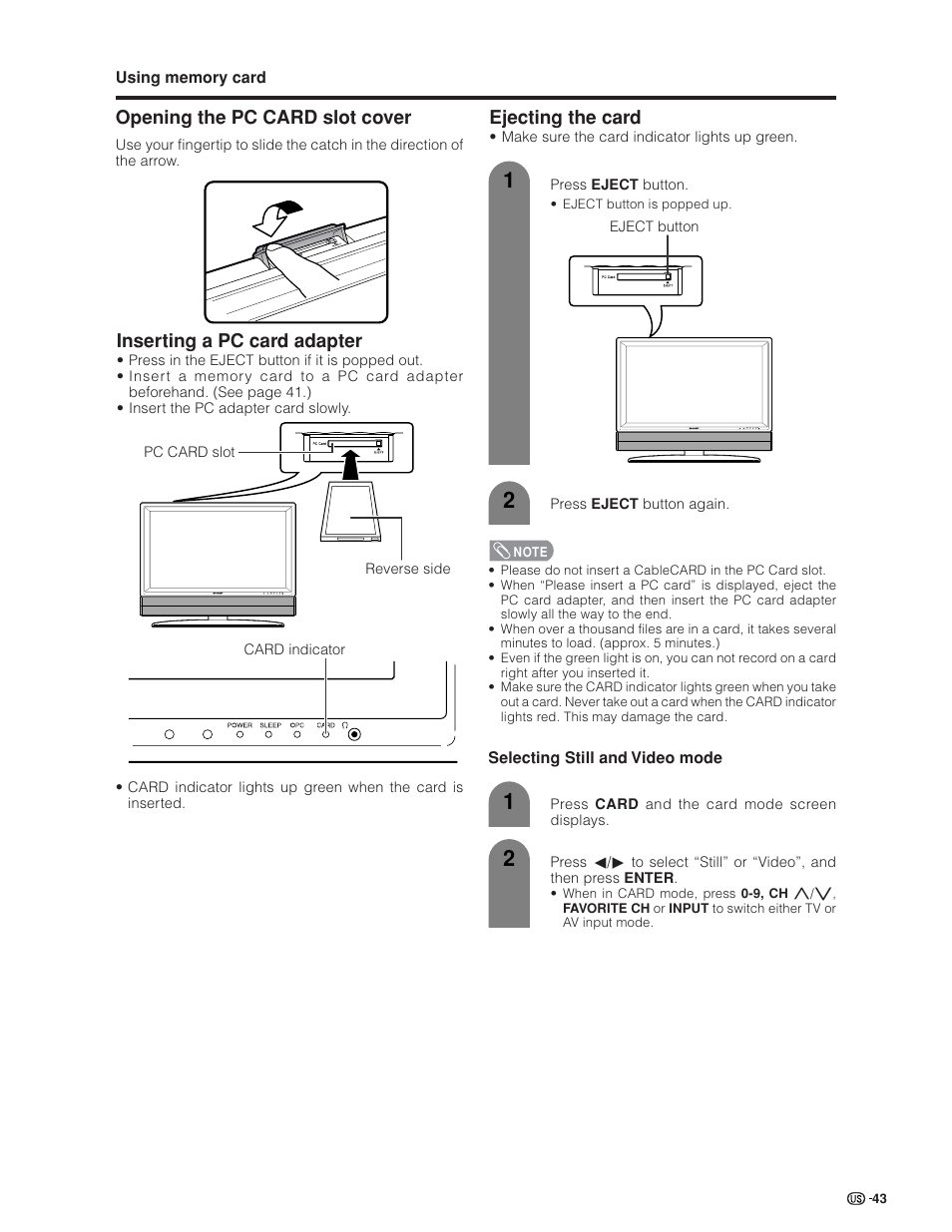 Inserting a pc card adapter, Ejecting the card, Opening the pc card slot cover | Sharp Aquos LC 32GD6U User Manual | Page 44 / 104