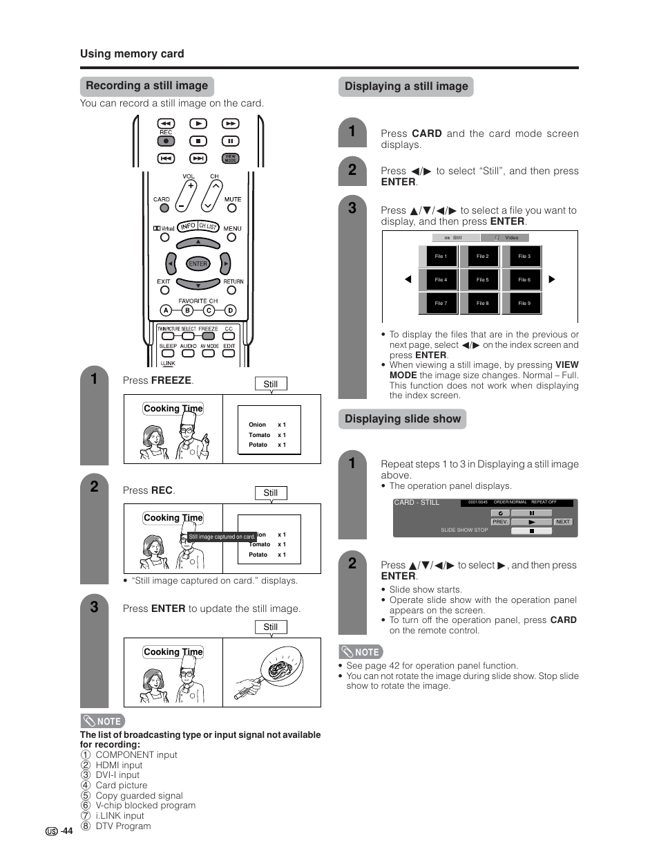 Displaying a still image, Displaying slide show | Sharp Aquos LC 32GD6U User Manual | Page 45 / 104