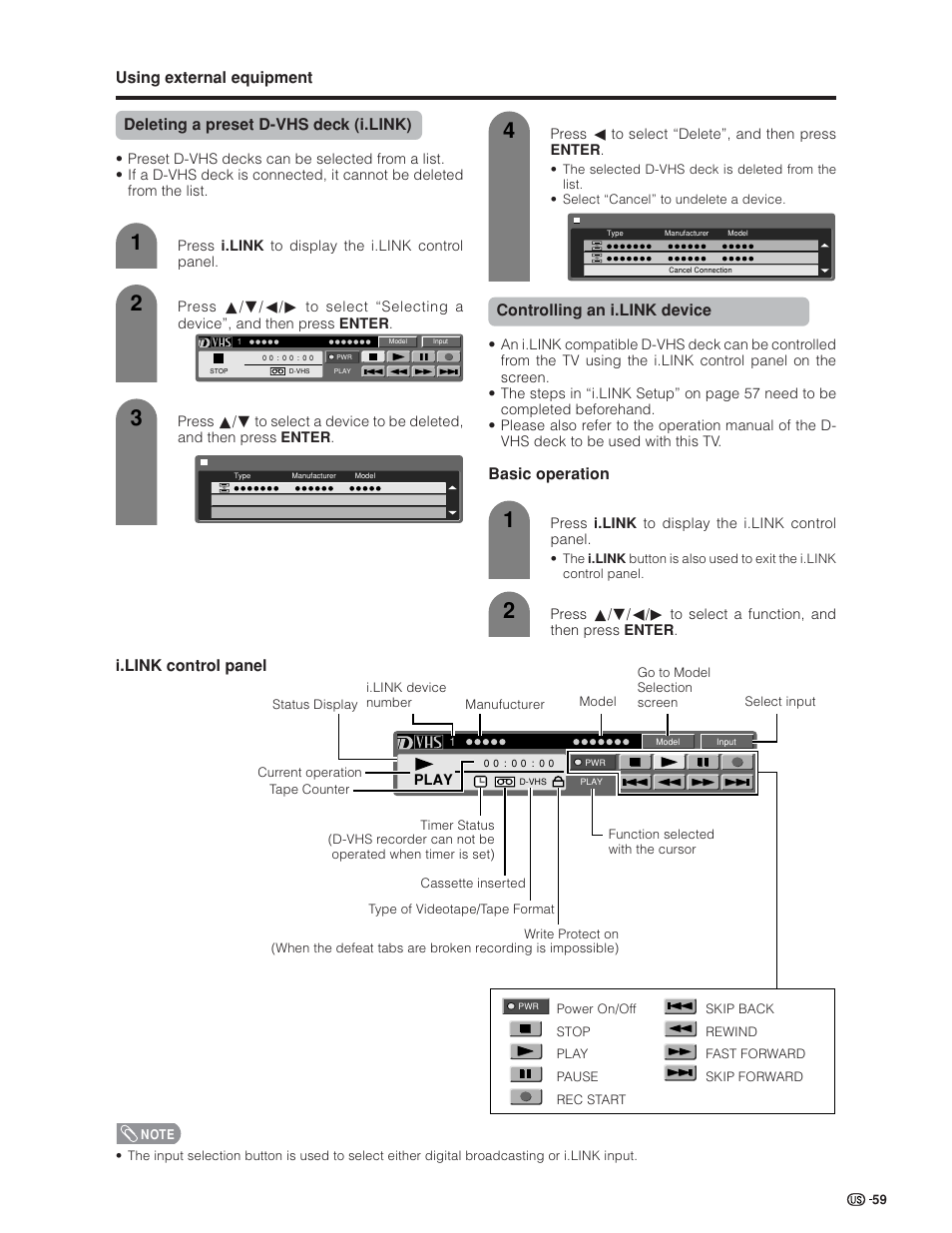 Controlling an i.link device, Basic operation, I.link control panel | Sharp Aquos LC 32GD6U User Manual | Page 60 / 104