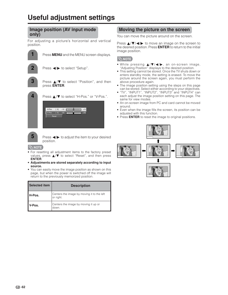 Useful adjustment settings, Image position (av input mode only), Moving the picture on the screen | Sharp Aquos LC 32GD6U User Manual | Page 63 / 104