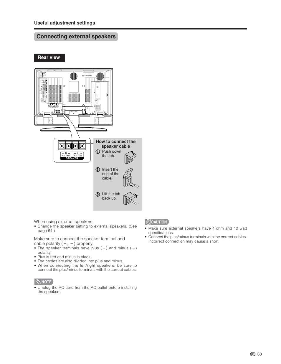 Connecting external speakers | Sharp Aquos LC 32GD6U User Manual | Page 64 / 104