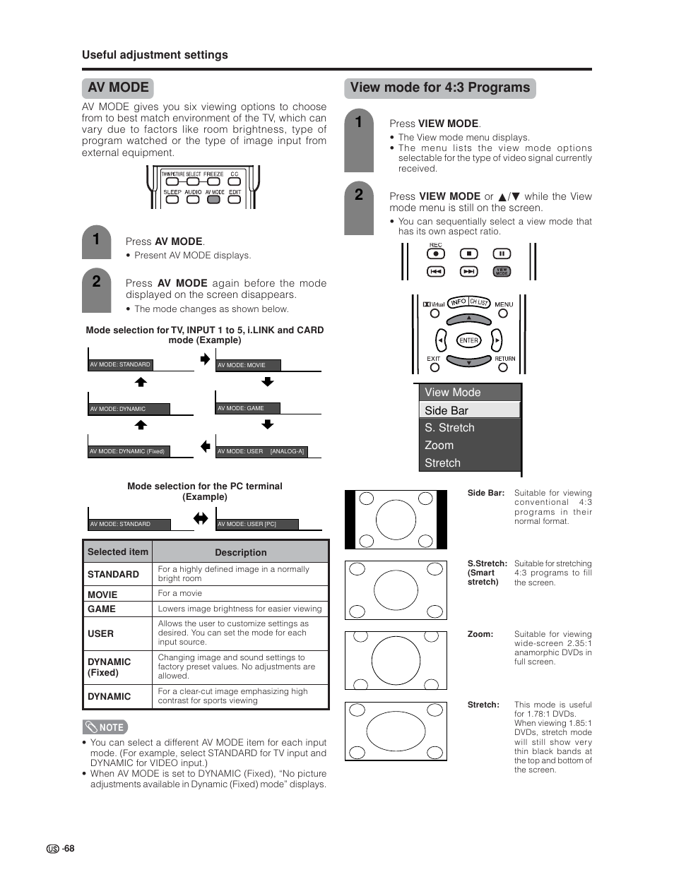 Av mode, View mode for 4:3 programs | Sharp Aquos LC 32GD6U User Manual | Page 69 / 104